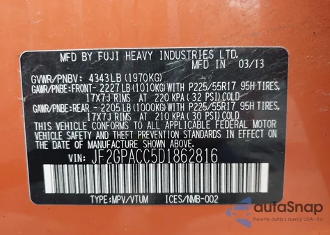 2013 Subaru Xv Crosstrek 2.0I Premium from USA, damaged, VIN JF2GPACC5D1862816